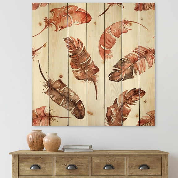 Designart 'Ethinic Orange Feathers On White' Bohemian & Eclectic Print on Natural Pine Wood