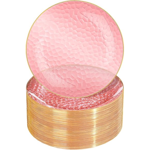 DaYammi 60 Pcs Pink Gold Plastic Plates, Gold Hammered Disposable Salad Plates, 7 Inch Disposable Dessert Platos, Plastic Dessert Appetizer Platos Perfect for Mother's Day