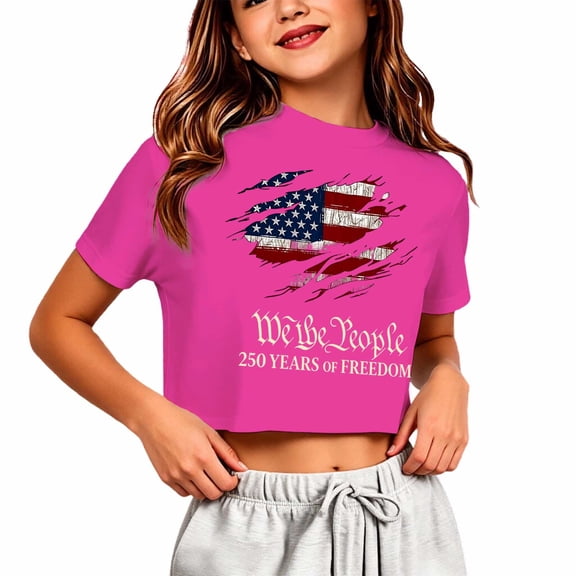 Y-Sunset Girls' 250 Years of Freedom Patriotic Crop Top, Kids "We The People" 4th of July Short Sleeve Tee, Casual Independence Day T-Shirt for Ages 5-14(Hot Pink/11-12 Years)