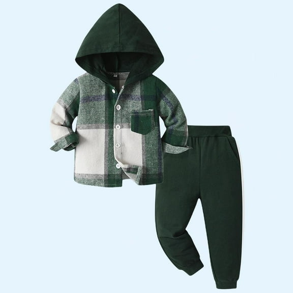 ATOGUTA 2Pcs Kids Boys Plaid Shirt Tops Pants Set Hoodie Sweatsuit for Fall Winter Spring Outfits Size 6M-10, Green