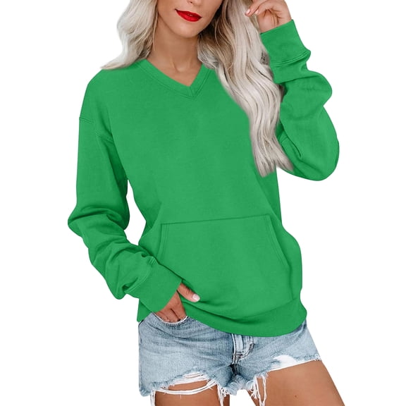 Huankd Women's V Neck Sweatshirt Fleece Cute Pocket Sweatshirts No Hood Oversized Comfy Hoodie Y2k Soft Fall Winter Tops Dark Green S