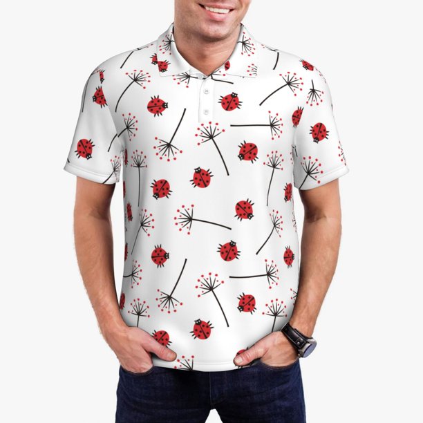 Fotbe Ladybug With Dandelion Camiseta Polo de Golf para Hombre con Estampado – Camisa Deportiva Transpirable con Cuello Abotonado-Medium