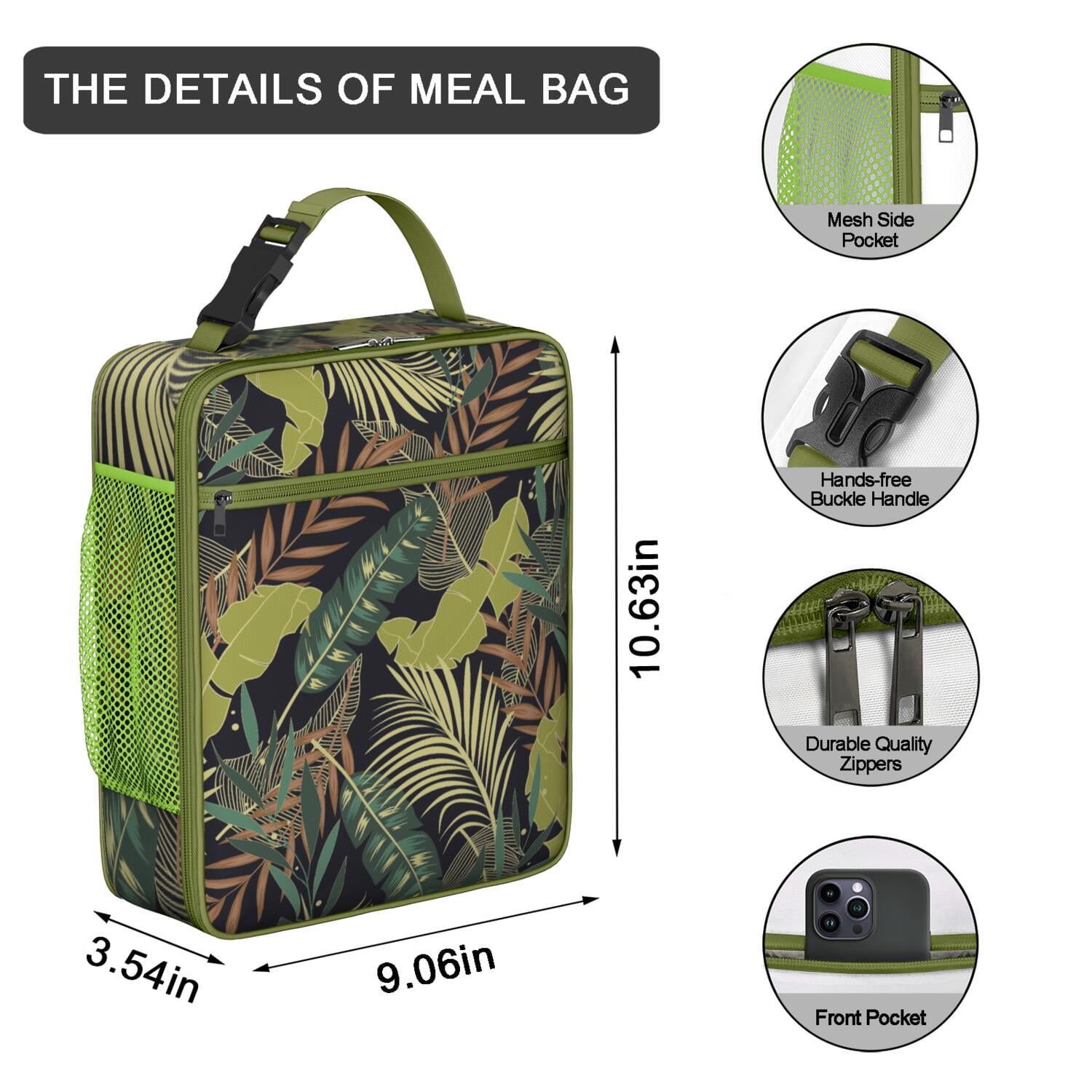 Colorful Boho Insulated Lunch Bag – Tropical Floral and Hawaiian Hibiscus with Jungle Leaves Pattern, Durable Waterproof Thermal Cooler Tote for Resort and Travel