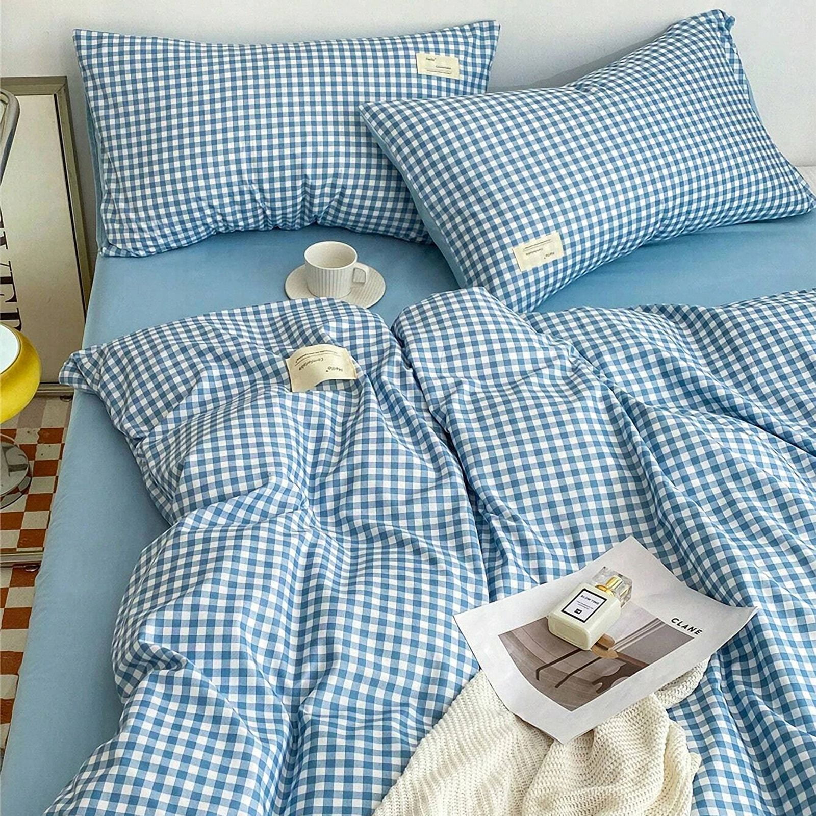 China Cotton Small Plaid Duvet Cover, 86.6x94.5 Inches, Blue Plaid