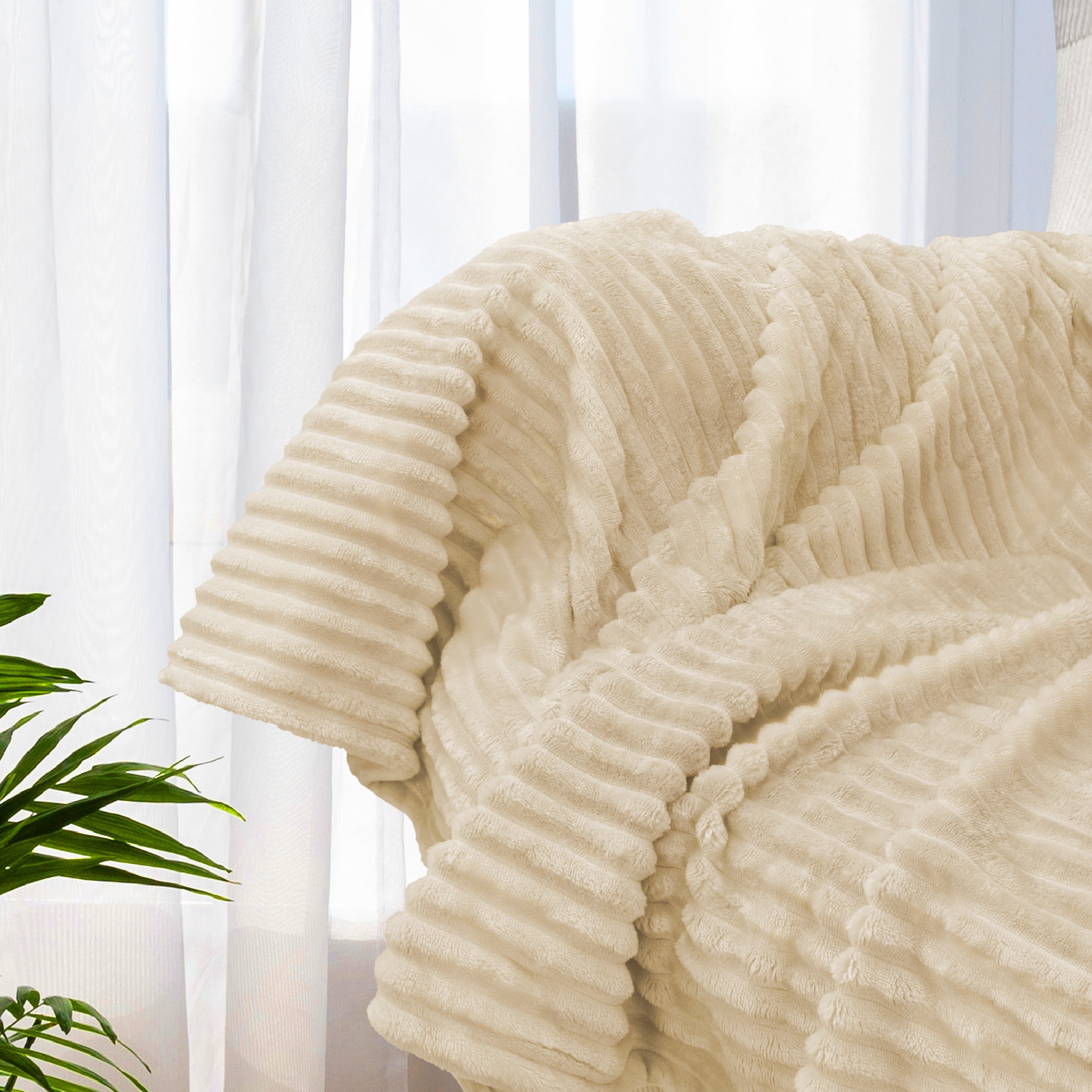 PAVILIA Super Soft Fleece Throw Blanket Cream Beige, Luxury Fuzzy Plush Flannel Throw, Warm Cozy Ribbed Microfiber Blanket for Sofa Couch Bed, Lightweight Striped Blanket, Beige, 50x60