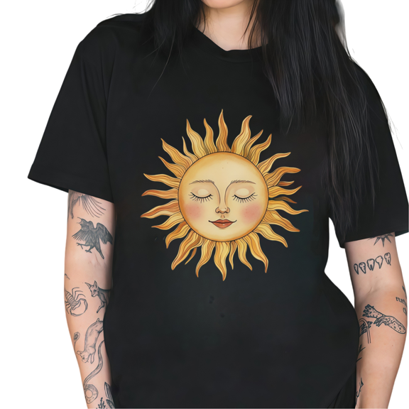 Cozymy Women's Mystical Sleeping Sun Face Graphic Short Sleeve T-Shirt Casual Boho Celestial Crewneck Cotton Tee