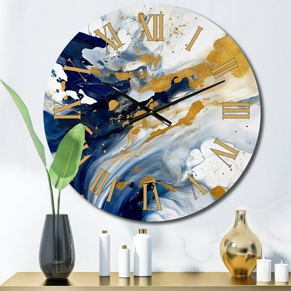 Designart "Strokes in Dark Blue and Gold XXIII" Fractals Oversized Wall Clock