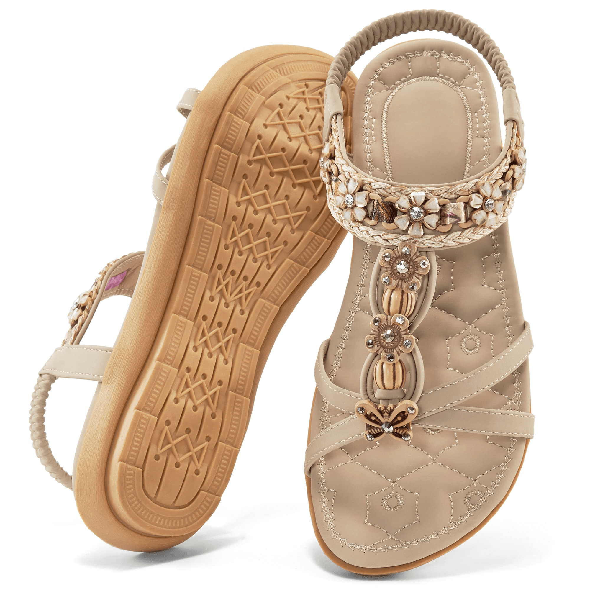 Almusen Womens Flat Sandals String Beads Arch Support Summer Comfort ...