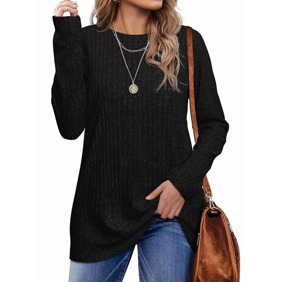 Long Sleeve Shirts for Female Loose Fit Crew Neck Blouse Dressy Casual Fall Winter Pullover Outfits Black XXL