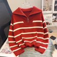 thumbnail image 1 of Chandail Tricoté à Rayures Décontracté 2023 Printemps Automne Mode Vintage Demi-Fermeture Éclair Chandail-Over Hauts Courts pour Femmes Chandails Amples Chics, 1 of 7