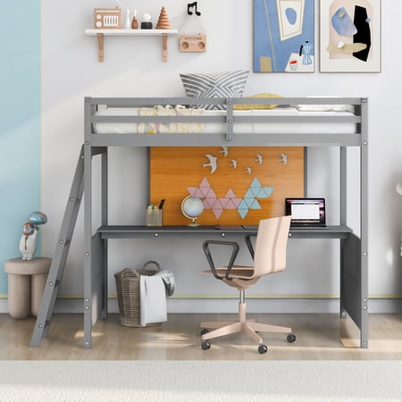 Twin Wood Loft Bed with Ladder, Loft Bed with Desk and Writing Board, Loft Twin Bed with Desk for Teenagers, Multiple Functions Bed, Easy to Assemble(Gray)