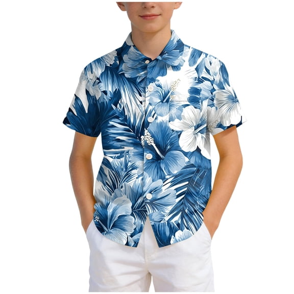felwors Boys Floral Hawaiian Shirt Short Sleeve Button Down Beach Summer Outfit Tropical Vacation Clothes 4-15T (7-8 Years, Sky Blue)