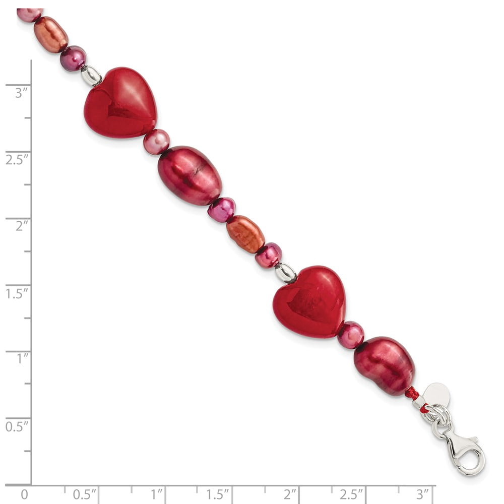 Sterling Silver Bracelet Pearl Women's mm 17 in Red Jade Hearts/FW Cultured