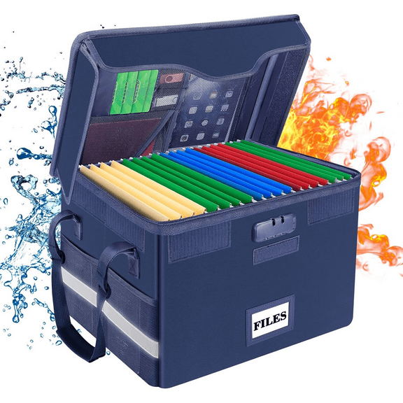 Fireproof Document Box with Lock, File Storage Organizer with Mesh Pockets, Collapsible Portable File Box Home Office Safe Filing Cabinet with Handle for Hanging Letter/Legal Folder, Blue