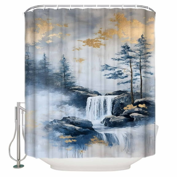 Hokiten Shower Curtain, Navy Blue Mountain Fabric Shower Curtains for Bathroom, Modern Abstract Art Tree Bath Curtain Waterproof Bathtub Curtains with 12 Hooks, 48" x 72"