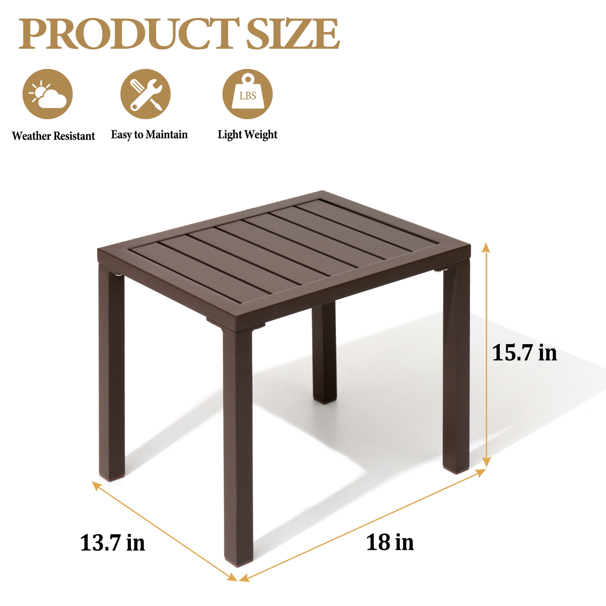 Crestlive Products Outdoor Side Table, 18" x 13.7" Aluminum Rectangular Patio End Table, All-Weather, Brown