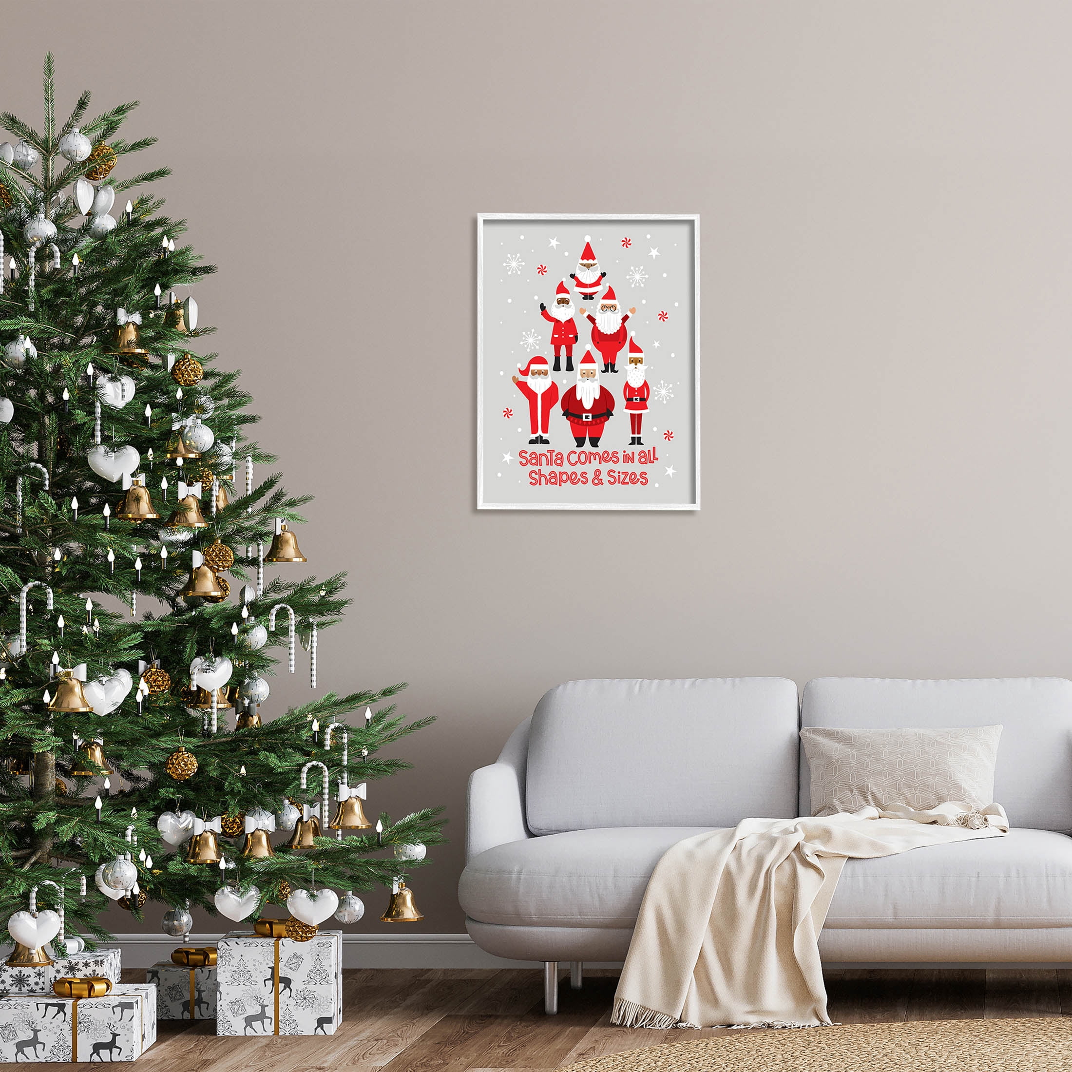 Santa All Shapes & Sizes Christmas Phrase Holiday Graphic Art White Framed Art Print Wall Art