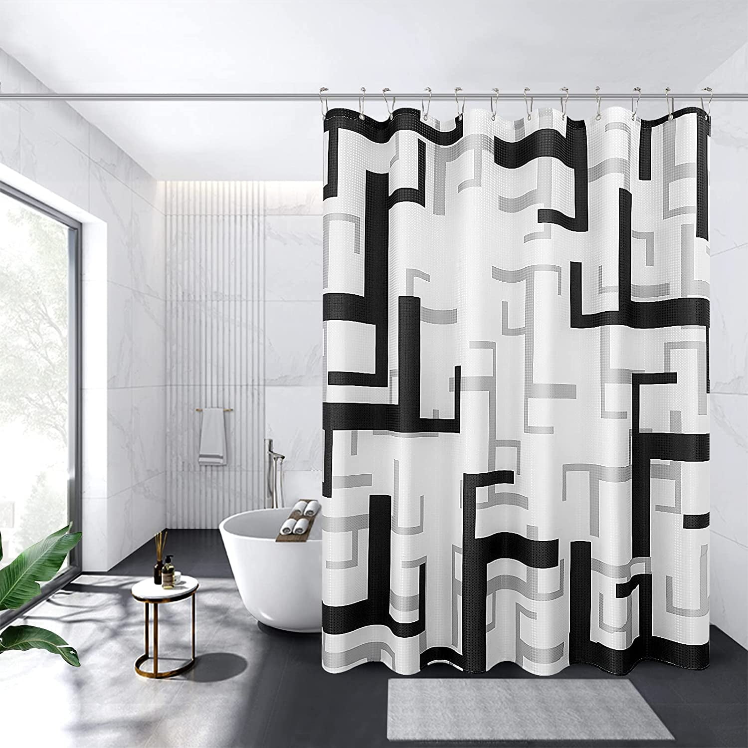 Black Shower Curtain,Black Bathroom Curtain with Hooks,Gray Shower