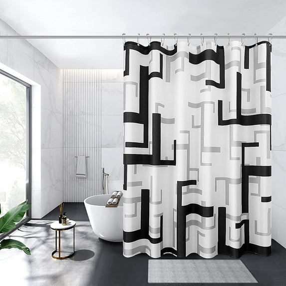 Black and Gray Shower Curtains for Bathroom Waffle Textured Cloth Simple Modern Shower Curtain Waterproof Fabric Black and White Bath Curtain for Spa,72 x 72 inch
