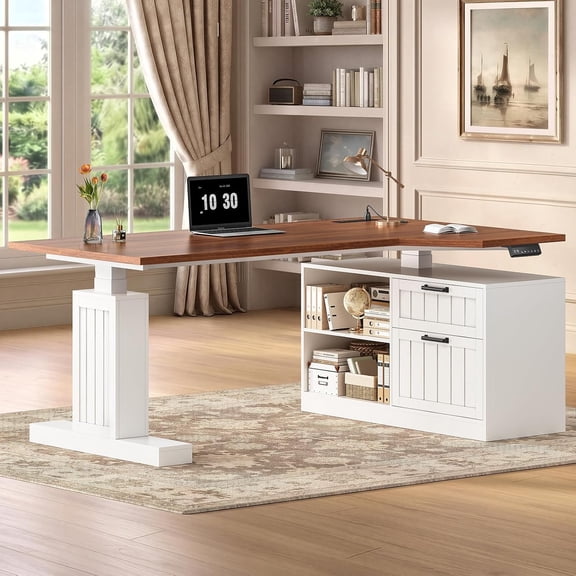 Farmhouse L Shaped Standing Desk, 59" Height Adjustable Executive Desk with File Drawers, Standing Computer Desks with Power Outlets for Home Office, White