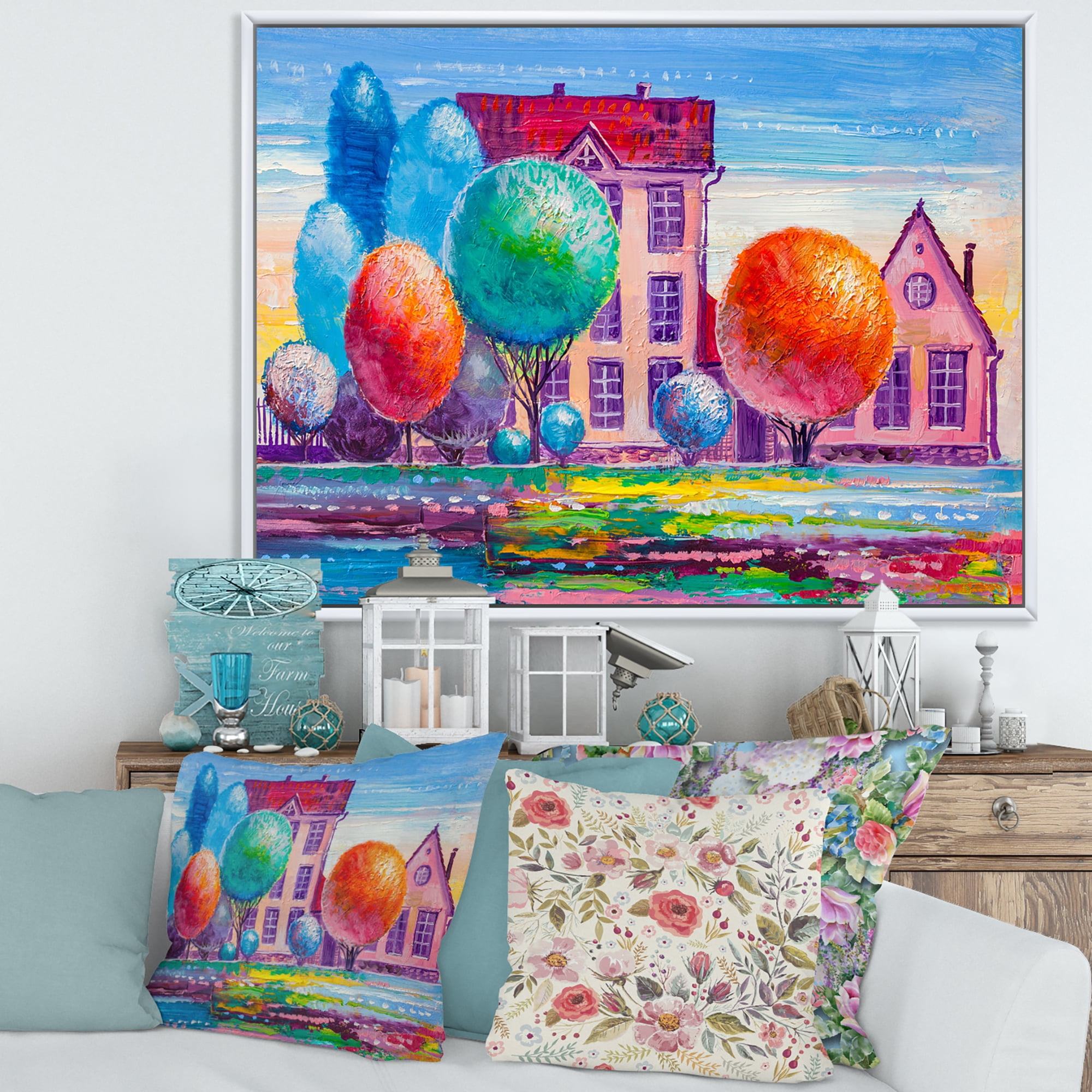 Designart 'Abstract Daydream House In The VIllage' Traditional Framed Canvas Wall Art Print