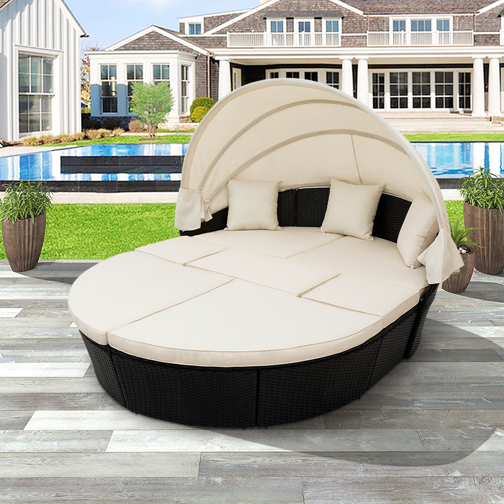Patio Furniture Sofa Set, 7 Piece Outdoor Round Wicker Daybed with Retractable Canopy, Outdoor Sectional Sofa Conversation Sets with Beige Cushions for Backyard, Porch, Garden, Poolside, LLL4326 - image 1 of 10