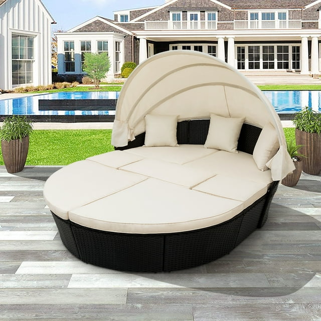 Patio Furniture Sofa Set, 7 Piece Outdoor Round Wicker Daybed with Retractable Canopy, Outdoor Sectional Sofa Conversation Sets with Beige Cushions for Backyard, Porch, Garden, Poolside, LLL4326