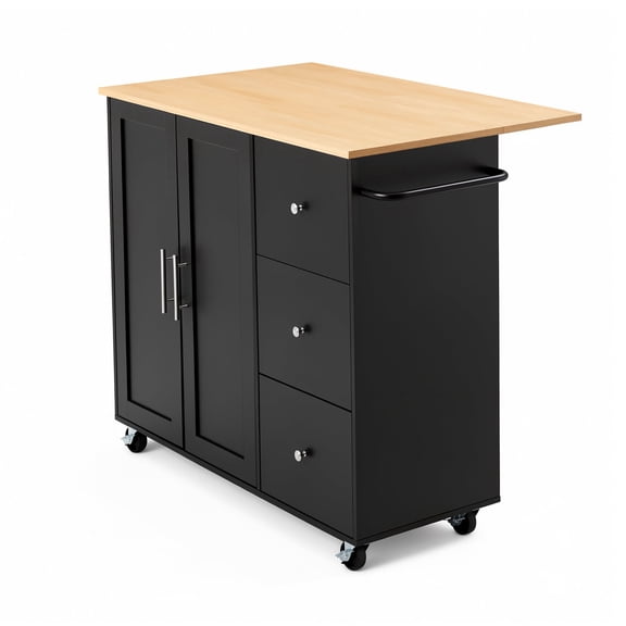 KFFKFF Kitchen Island Cart with Storage, 42.4-inch Wide Mobile Rolling Cart with Swivel Wheels, Featuring 3 Drawers, Storage Cabinet, Drop Leaf, Towel Rack, and Table for Dining Room or Kitchen,Black