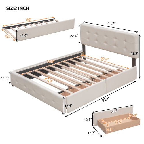 Upholstered Queen Size Bed with 4 Storage Drawers,Upholstered Platform Bed Frame with Stud Trim Headboard and Footboard,Velvet Queen Storage Bed for Teens Adults,Blue