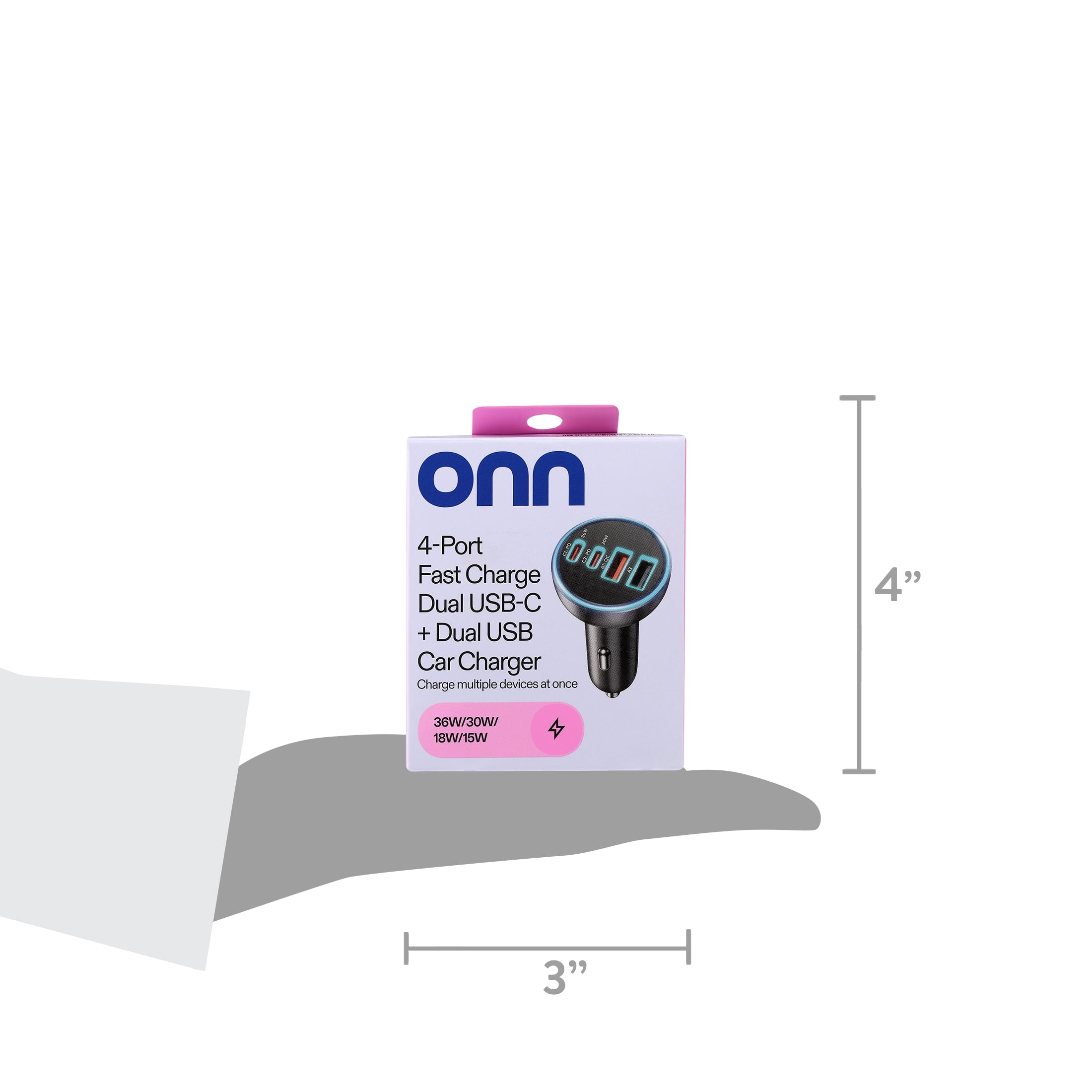 onn 4-Port Fast Charger Dual USB-C and Dual USB Car Charger