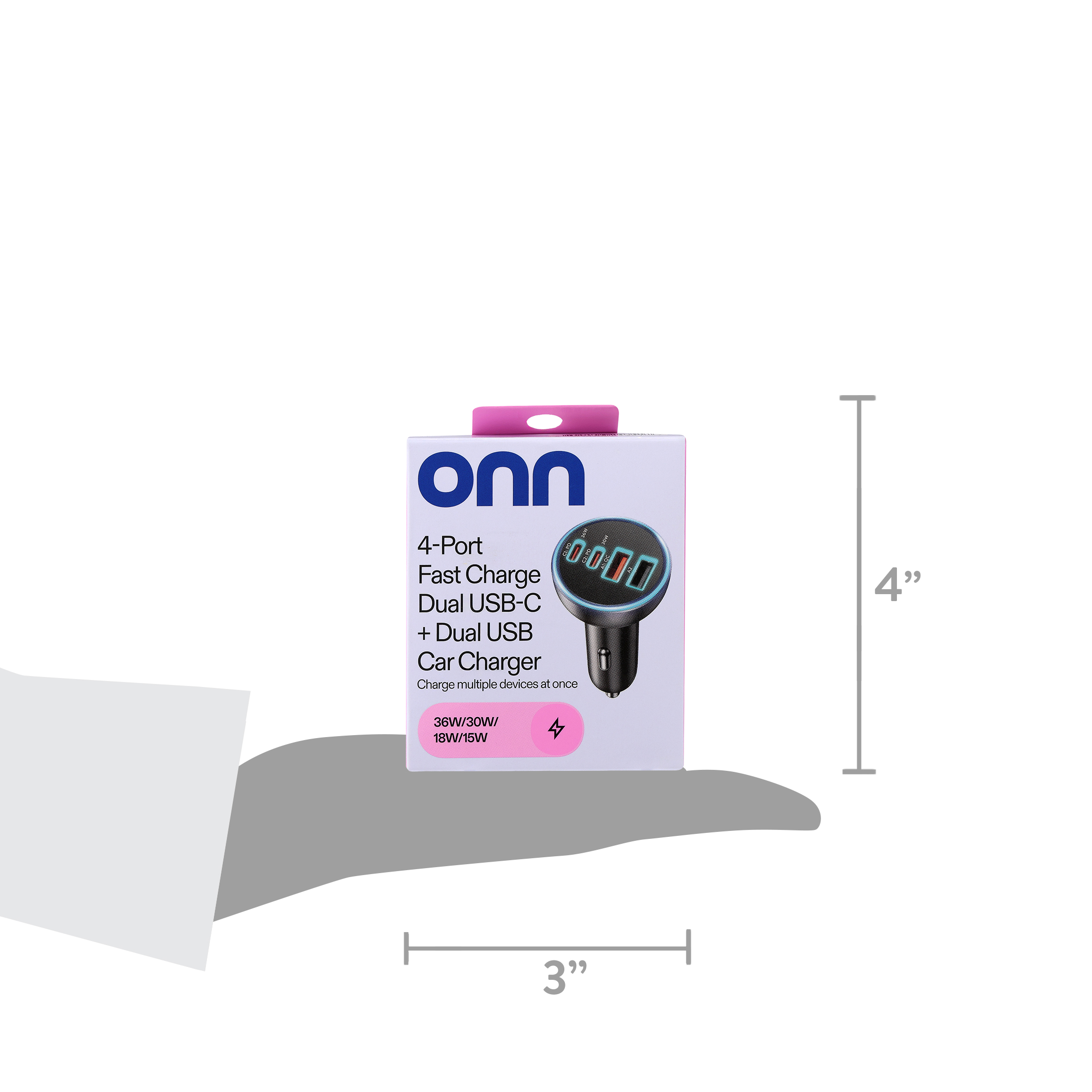 onn 4-Port Fast Car Charger, Dual USB-C and USB photo 5