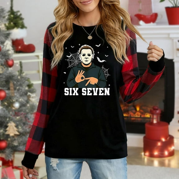 Women's Christmas Plaid Long Sleeve Top, "Michael Myers Six Seven Horror Festive Graphic" Casual Shirt