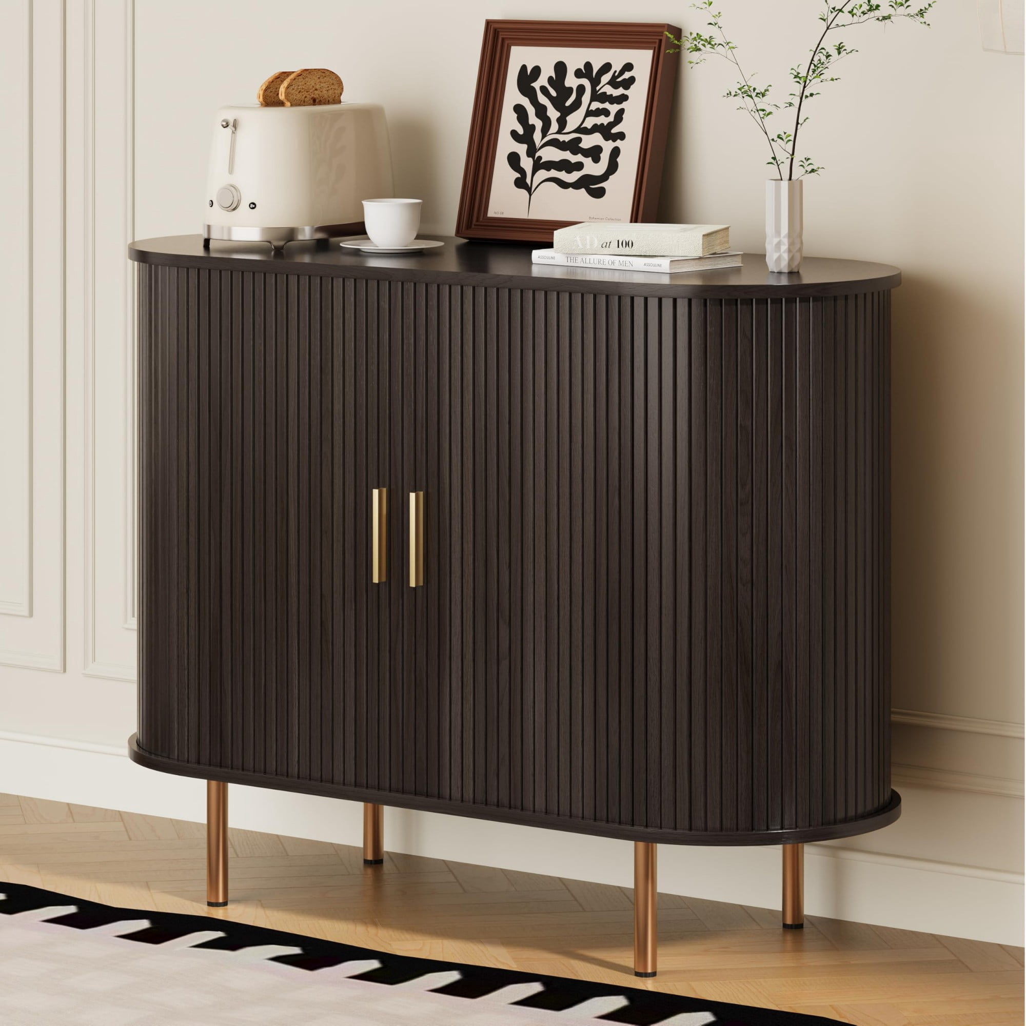 Mid Century Modern Sideboard Buffet Cabinet, 39 Inch Fluted Coffee Bar Console with Tambour Sliding Doors, Coffee