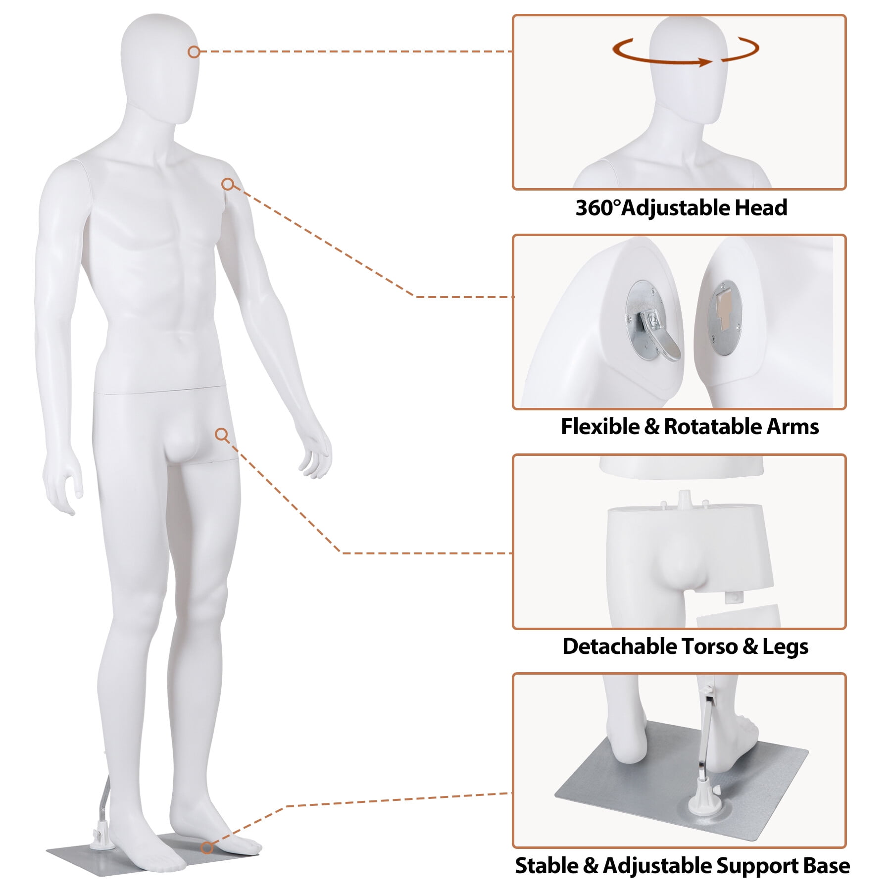 ZENY 73" Full-Body Male Mannequin with Adjustable Metal Base, White, 73.62", New