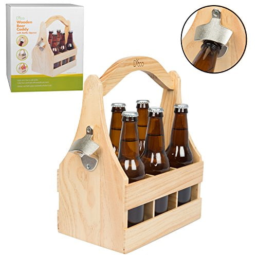 Beer 4 RETRO SHINY RED Wood Metal silver handle Pop or Water bottles caddy with bottle opener
