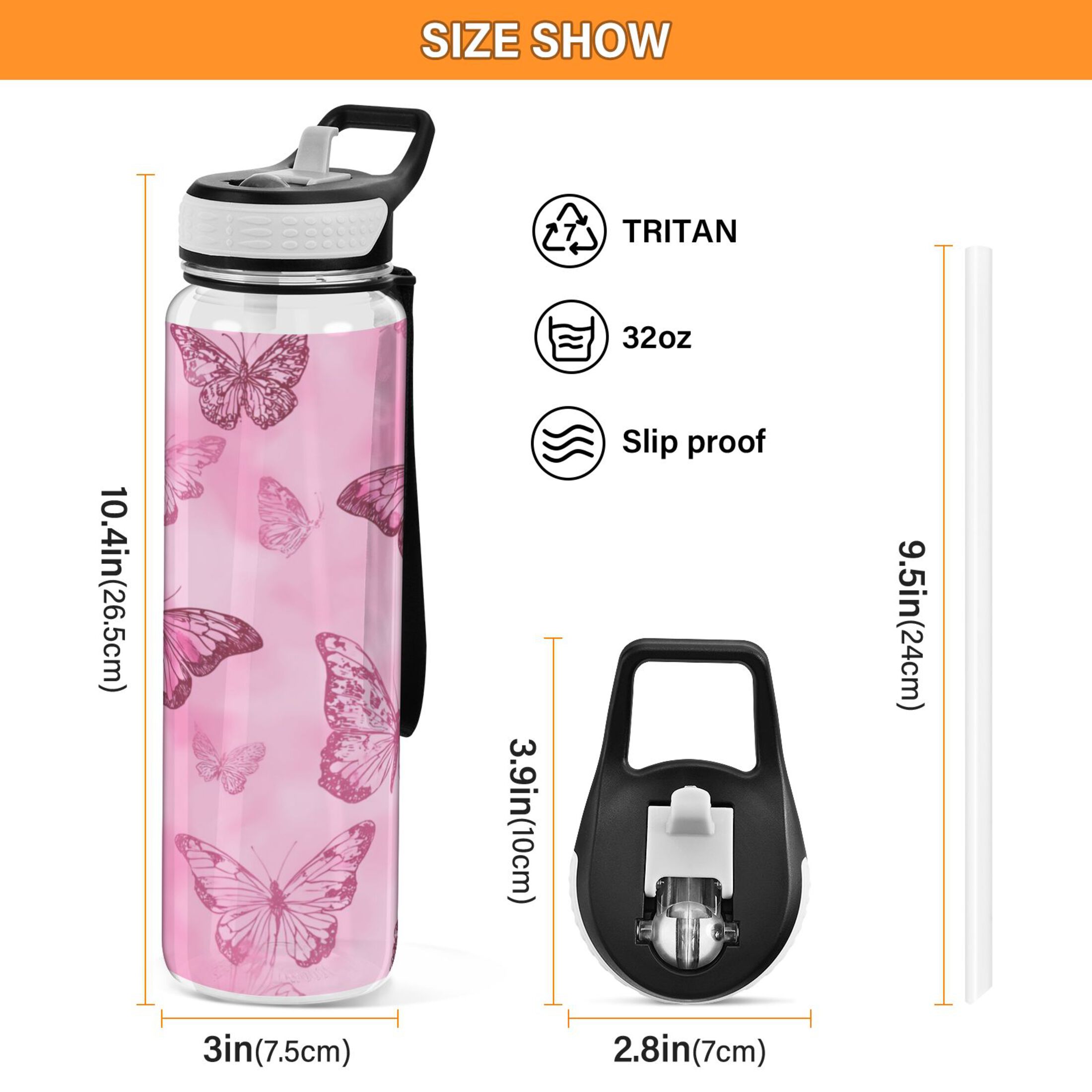 32oz Transparent Sports Water Bottle with Straw for Kids Adults Outdoor School Gym Fitness Pink Butterfly Pattern