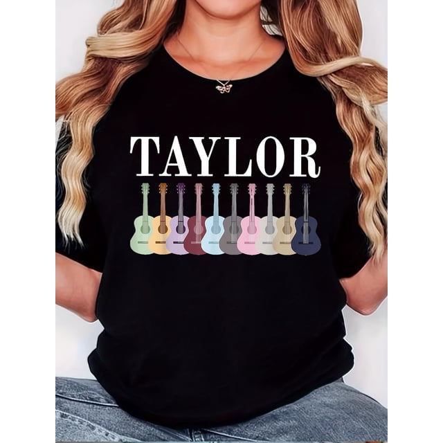 T-shirt pour Femmes, "Rangée de Guitares Taylor" Imprimé, Mode Minimaliste Rétro, Col Rond, Décontracté et Confortable, T-shirt à Manches Courtes Sportif pour la Fête des Pères, Fête des Mères, Nouvel An, Festival de Printemps, Vale