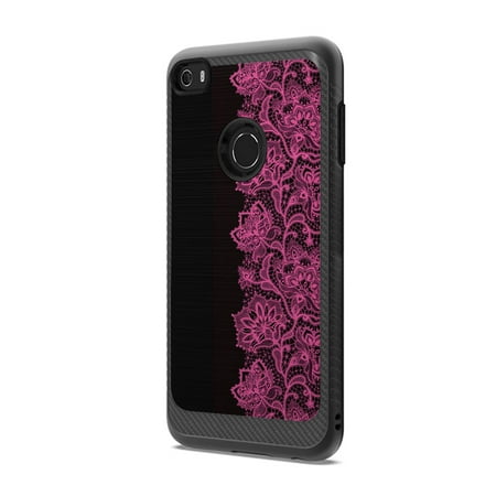 Capsule Case Compatible with Alcatel Idol 5 Alcatel Nitro 5 [Drop Protection Shock Proof Carbon Fiber Black Case Defender Design Strong Armor Shield Phone Cover] - (Pink Lace)