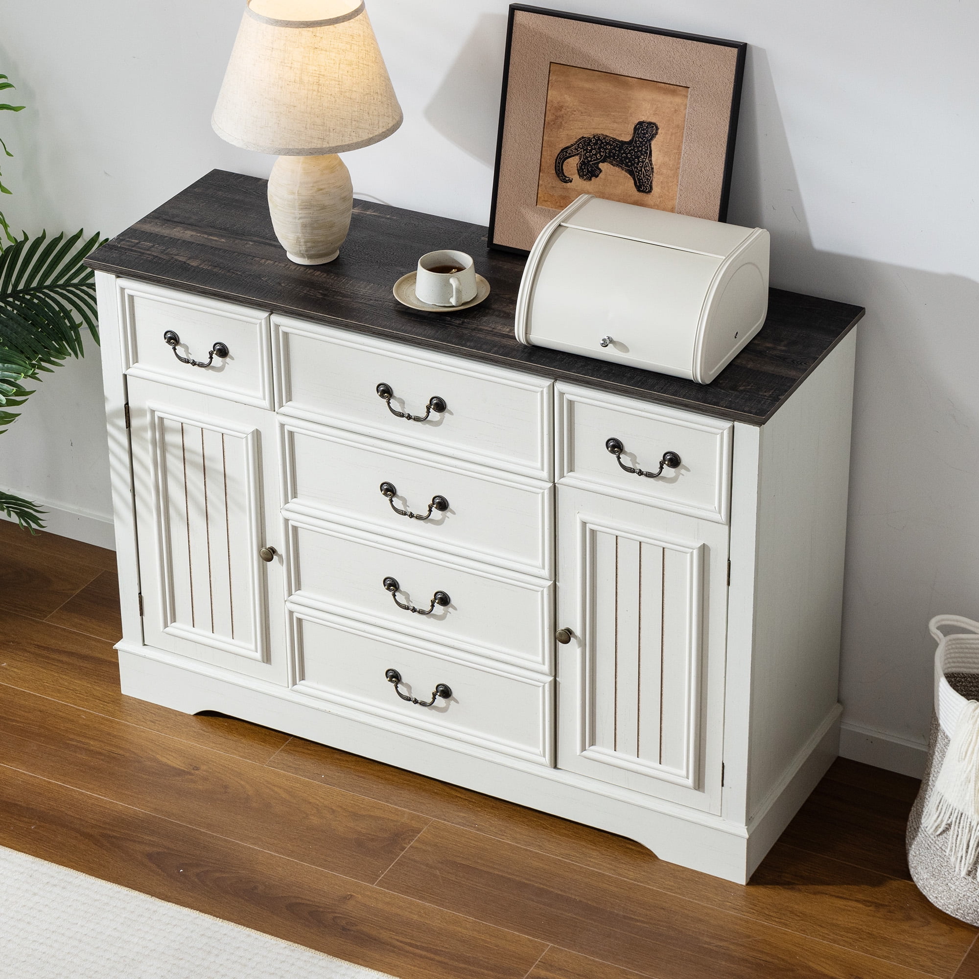 EnHomee 6 Drawers Dresser with Barn Door,Wooden White Dressers for Bedroom,Chest of Drawers for Living Room Entryway Hallway,47.2" Wx33.5 H x15.7 D