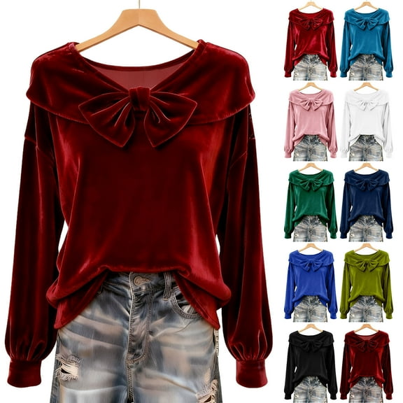 VKOYWKM Velvet Tops for Women Vintage Bow Neck Long Sleeve Shirts Fall Winter Vintage Solid Dressy Casual Blouses