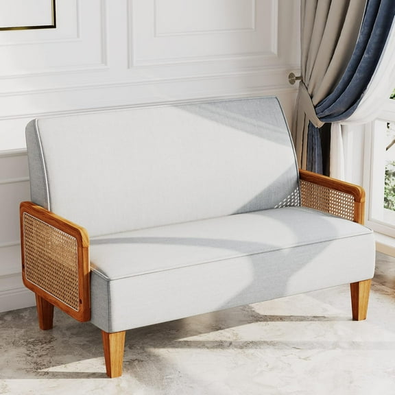 WENTMENT Loveseat Sofa Small Couch for Living Room Love Seat with Natural Rattan Armrest and Solid Wooden Legs Sofa for Small Space, Bedroom, Apartment(Grey)