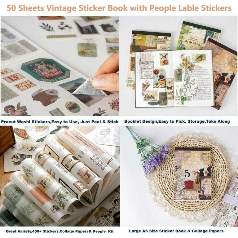 Vintage Washi Stickers for Scrapbooking, Scrapbook Stickers for Junk  Journals, 50 Sheets Aesthetic Sticker Book for Journaling Supplies,Art  Bullet