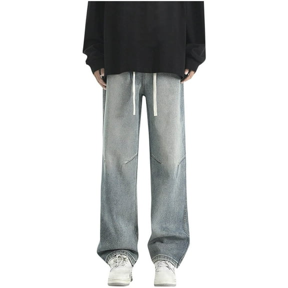 FNFYFH Mens Jeans Streetwear Y2k Hip Hop Baggy Jeans Wide Leg Skater Casual Denim Pants Loose Long Trousers with Pockets