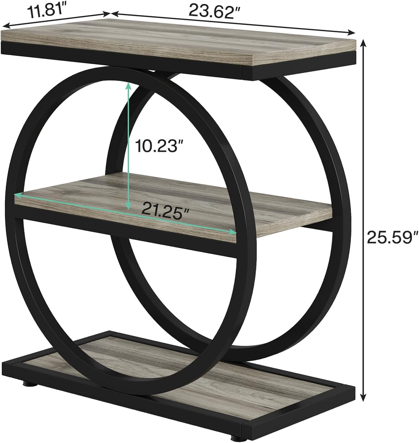Tribesigns End Table, Wood Side Table with Black Metal Frames, Narrow End Table with 3 Storage Shelves for Living Room