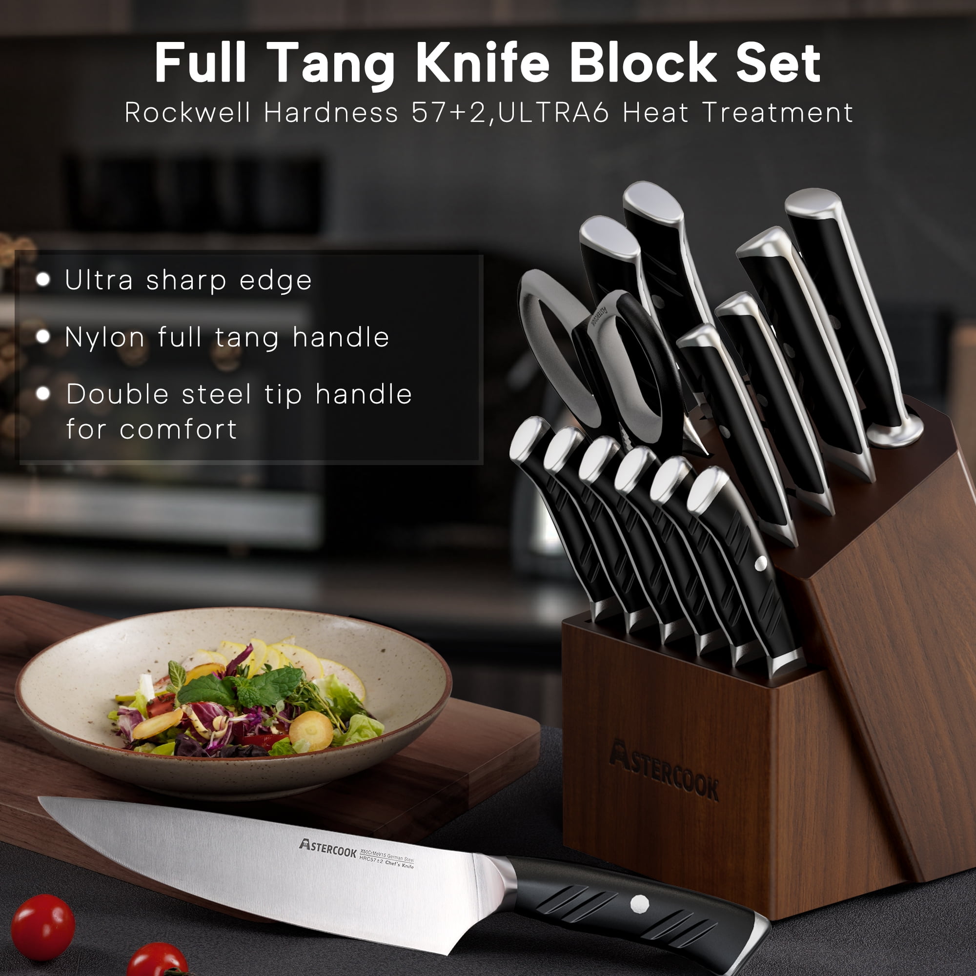 Astercook 14-Piece Kitchen Knife Set with Block & Bulid-in Sharpener, German 1.4116 Stainless Steel Knife Block Set, Full Tang Knives Sets, Anti-slip Ergonomic Handle & Dishwasher Safe Black