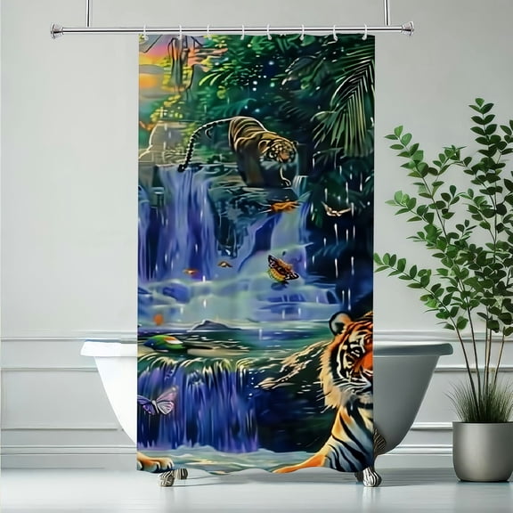 RKSupls Tigers Jungle Waterfall Sunset Polyester Shower Curtain with Hooks for Chic Elegant Waterproof Shower Curtain Home Bathtub Bathroom Decor Washable