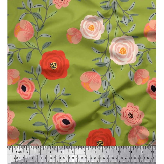 Soimoi Green polyester Crepe Fabric Leaves & Ranunculus Floral Fabric Prints By Yard 42 Inch Wide