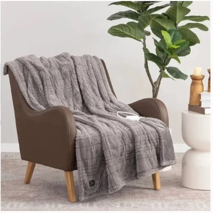 Berkshire Blanket Heated Luxe Faux Fur Throw Blanket, Gray, 50" x 60"