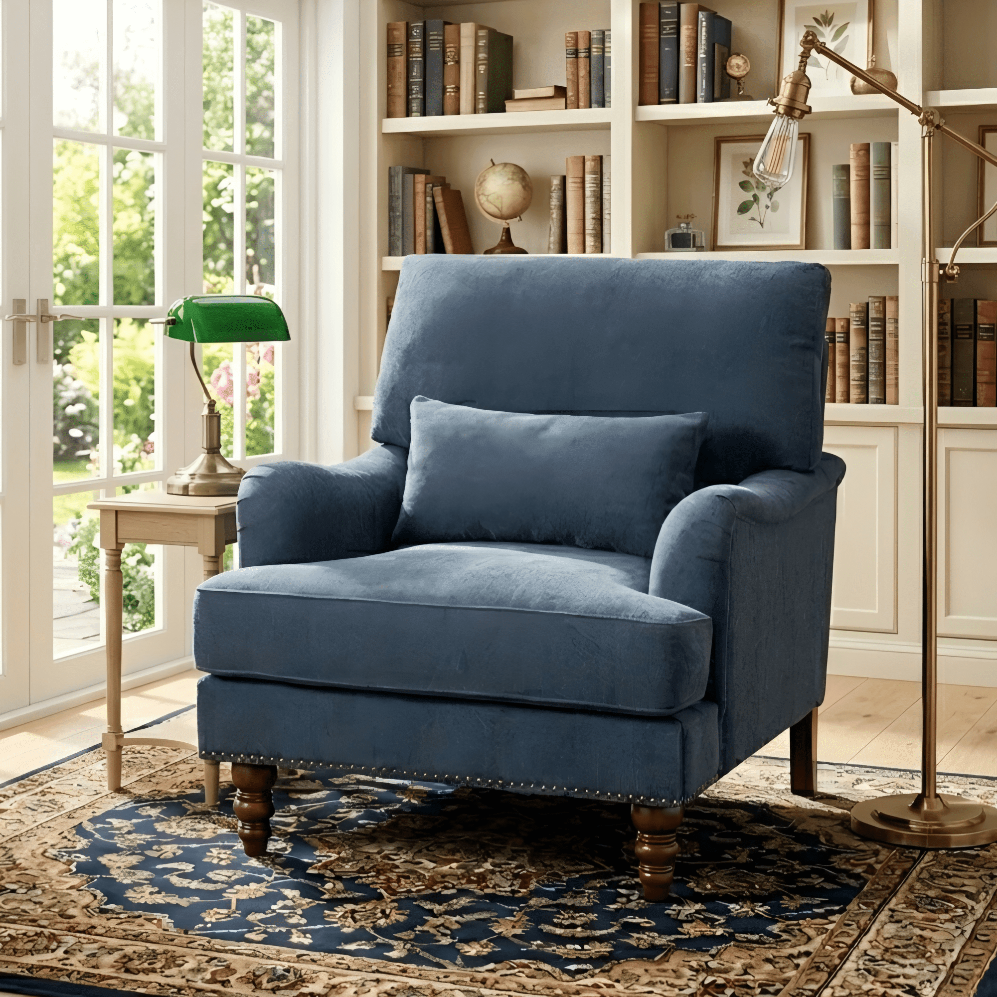 DREAMSIDEA Mid-Century Home Accent Chair, Chenille Upholstered Living Room Armchair, Comfy Reading Lounge Chair, Navy