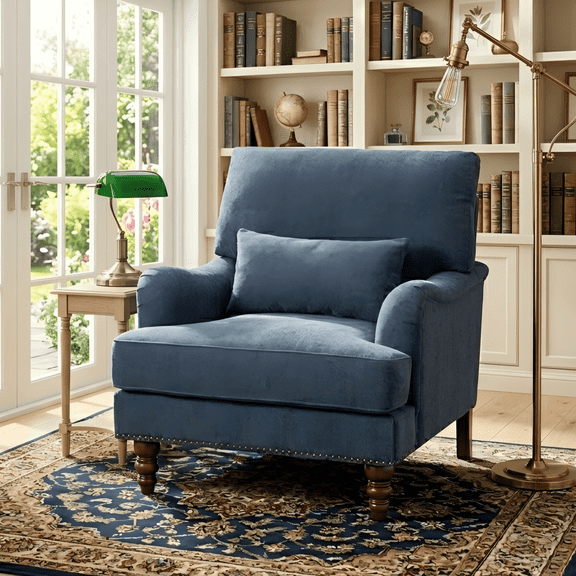 DREAMSIDEA Mid-Century Home Accent Chair, Chenille Upholstered Living Room Armchair, Comfy Reading Lounge Chair, Navy
